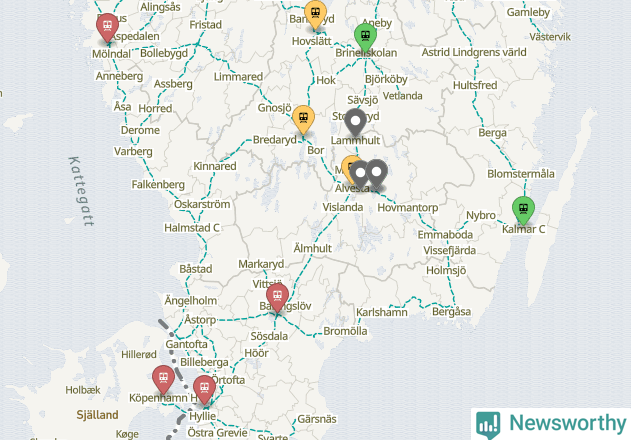 Karta över förseningar vid olika avgångsstationer.