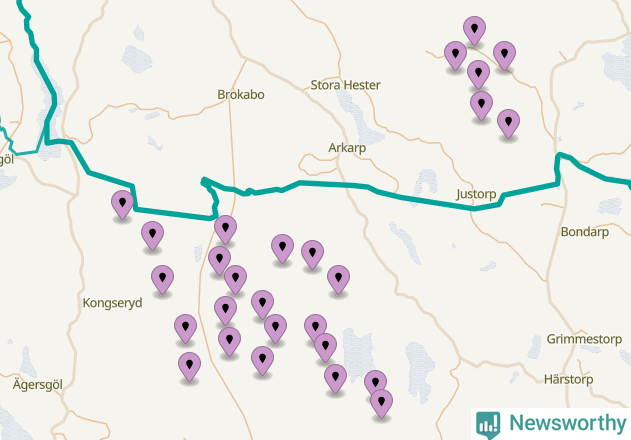 Karta över vindkraftverk i Ydre kommun