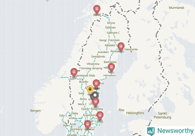 Karta över förseningar vid olika avgångsstationer. Här visas stationer med fler än fem avgångar under månaden.