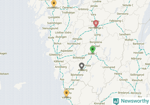 Karta över förseningar vid olika avgångsstationer.