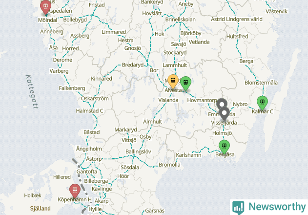 Karta över förseningar vid olika avgångsstationer.
