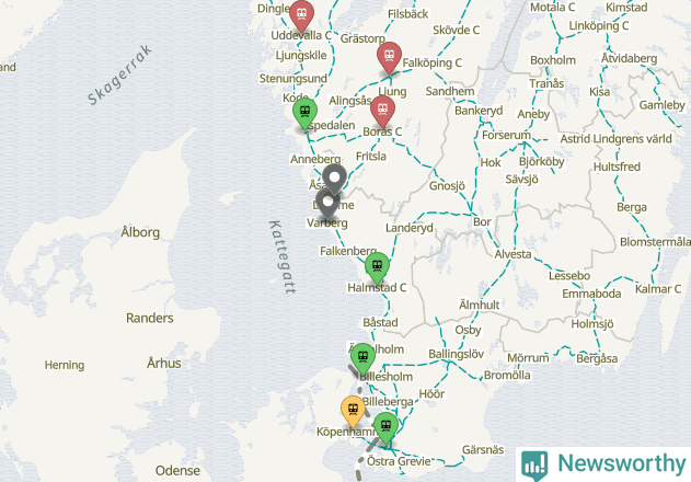 Karta över förseningar vid olika avgångsstationer.
