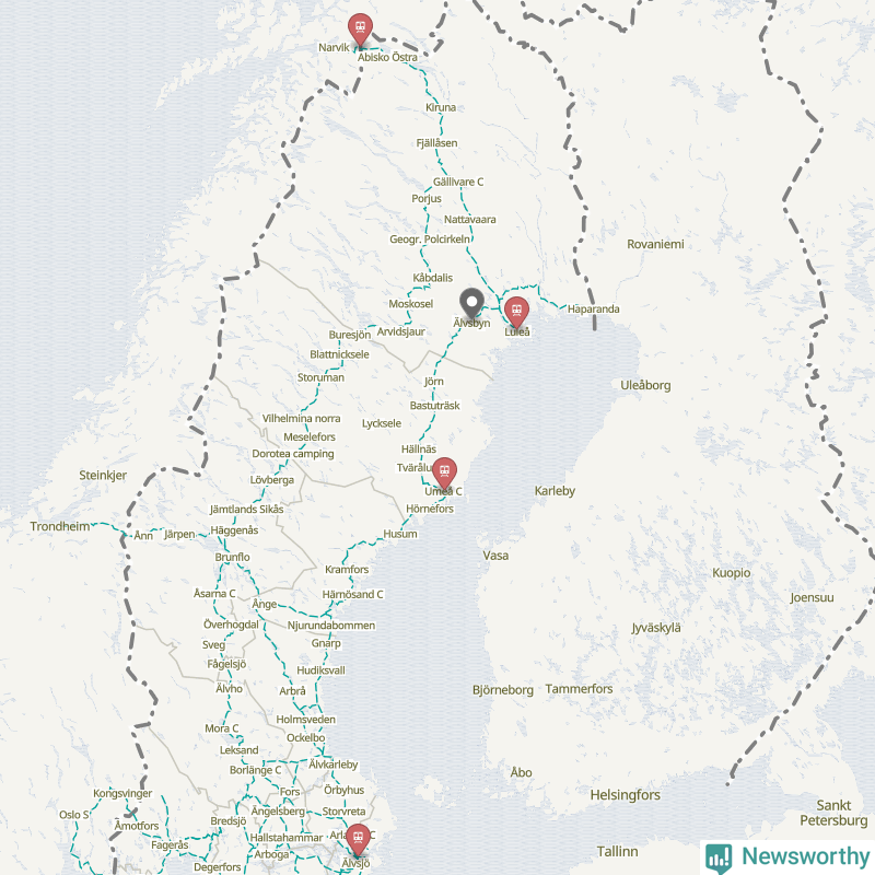 Karta över förseningar vid olika avgångsstationer. Här visas stationer med fler än fem avgångar under månaden.