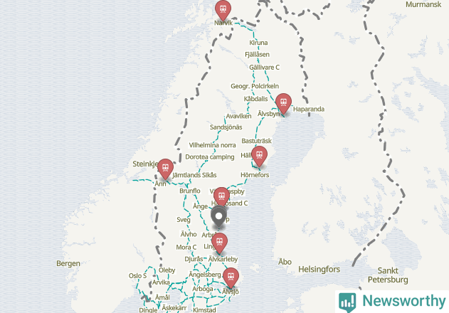 Karta över förseningar vid olika avgångsstationer.