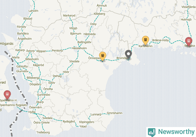 Karta över förseningar vid olika avgångsstationer. Här visas stationer med fler än fem avgångar under månaden.