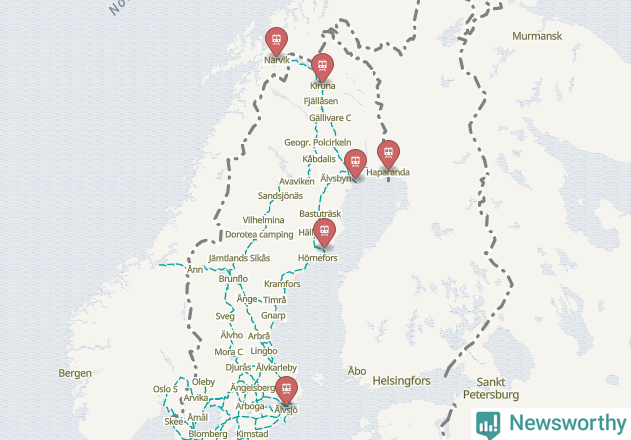Karta över förseningar vid olika avgångsstationer.