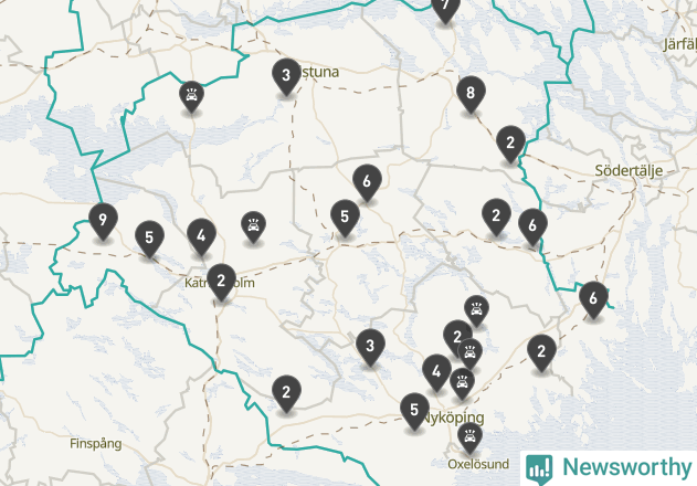 Karta över viltolyckor i Södermanlands län