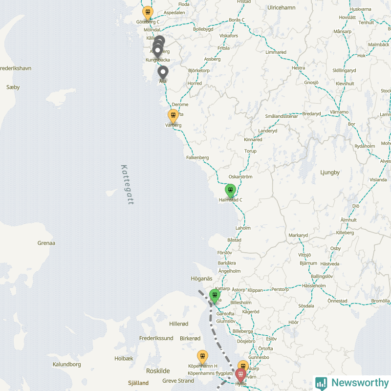 Karta över förseningar vid olika avgångsstationer. Här visas stationer med fler än fem avgångar under månaden.