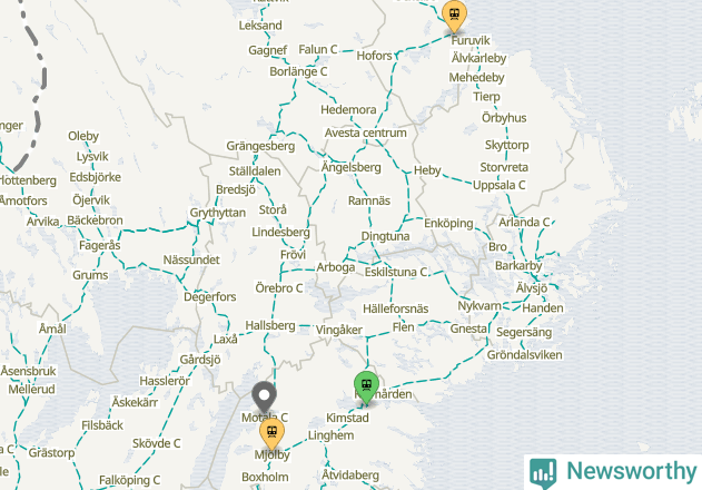 Karta över förseningar vid olika avgångsstationer.