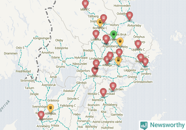 Karta över förseningar vid olika avgångsstationer.