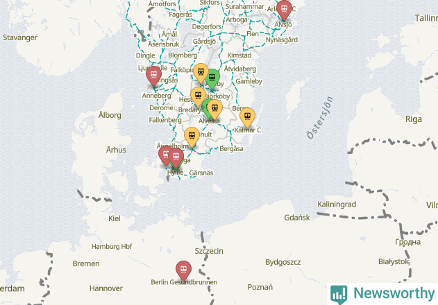 Karta över förseningar vid olika avgångsstationer.