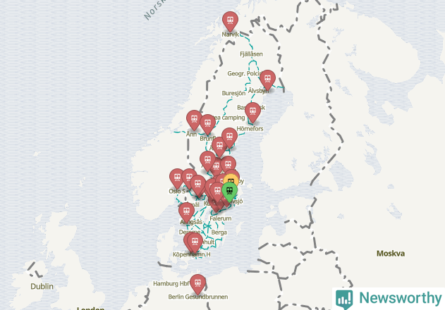 Karta över förseningar vid olika avgångsstationer. Här visas stationer med fler än fem avgångar under månaden.