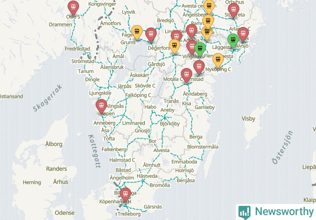Karta över förseningar vid olika avgångsstationer.