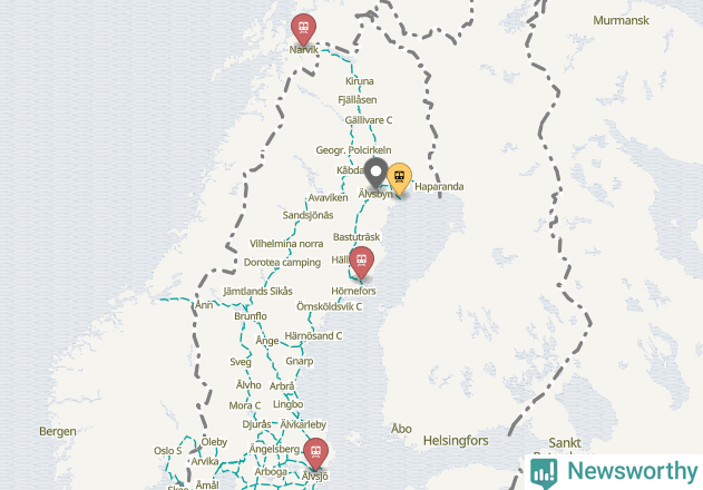 Karta över förseningar vid olika avgångsstationer. Här visas stationer med fler än fem avgångar under månaden.