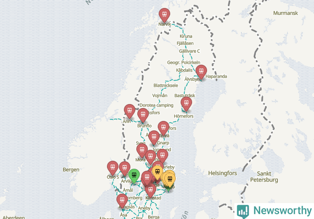Karta över förseningar vid olika avgångsstationer. Här visas stationer med fler än fem avgångar under månaden.