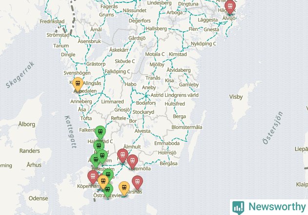 Karta över förseningar vid olika avgångsstationer.