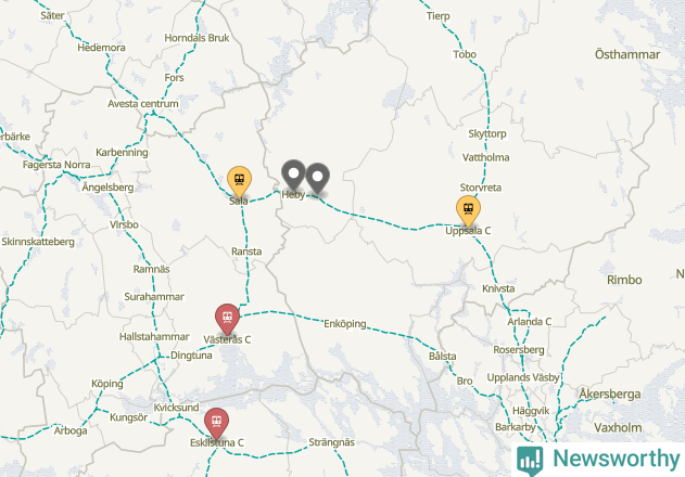 Karta över förseningar vid olika avgångsstationer.