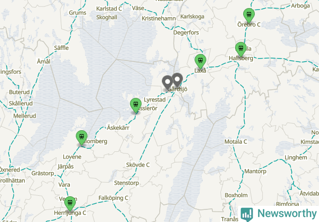 Karta över förseningar vid olika avgångsstationer. Här visas stationer med fler än fem avgångar under månaden.