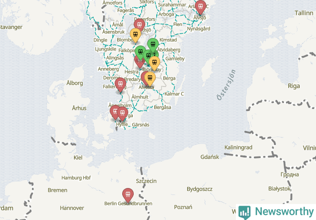 Karta över förseningar vid olika avgångsstationer.