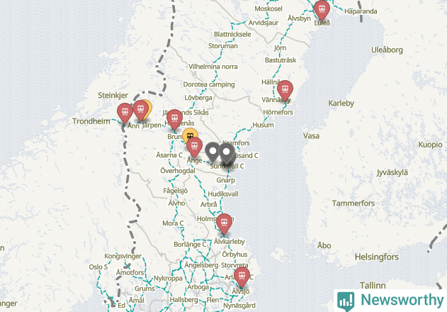 Karta över förseningar vid olika avgångsstationer.
