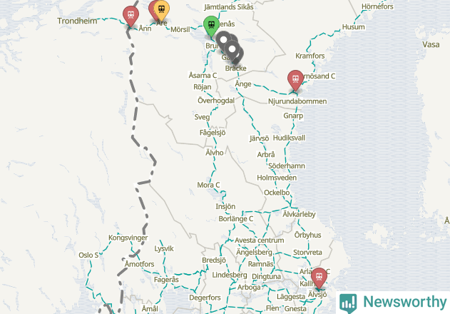 Karta över förseningar vid olika avgångsstationer.