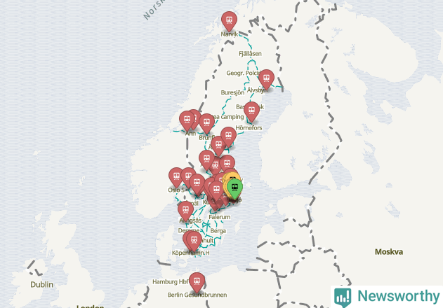 Karta över förseningar vid olika avgångsstationer. Här visas stationer med fler än fem avgångar under månaden.