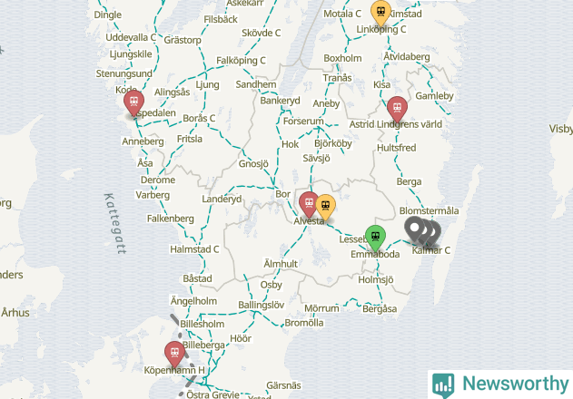 Karta över förseningar vid olika avgångsstationer.