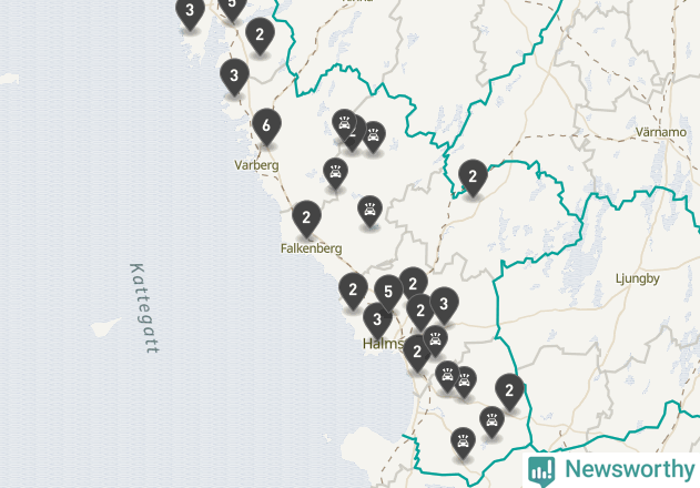 Karta över viltolyckor i Hallands län