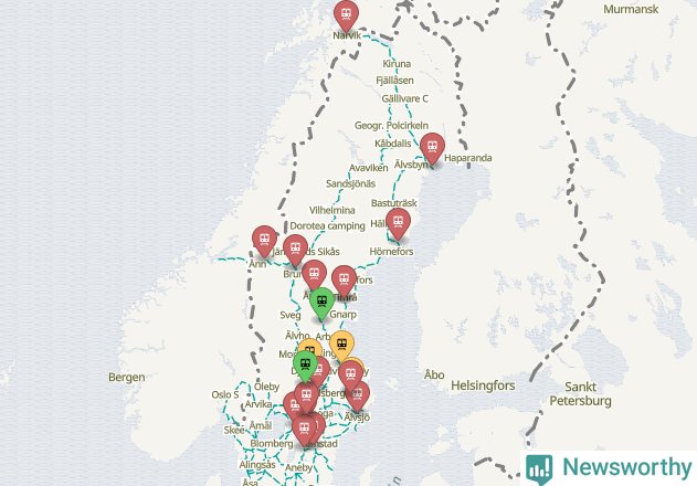 Karta över förseningar vid olika avgångsstationer.