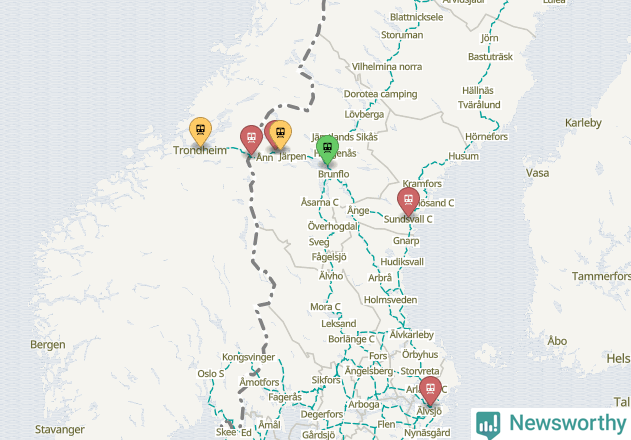 Karta över förseningar vid olika avgångsstationer.