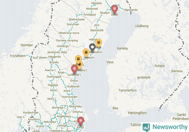 Karta över förseningar vid olika avgångsstationer. Här visas stationer med fler än fem avgångar under månaden.