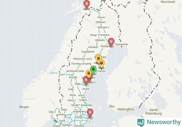 Karta över förseningar vid olika avgångsstationer.