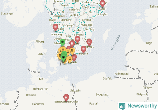 Karta över förseningar vid olika avgångsstationer.