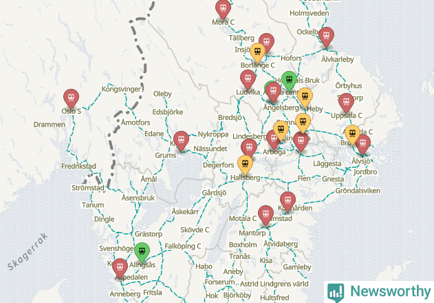 Karta över förseningar vid olika avgångsstationer.