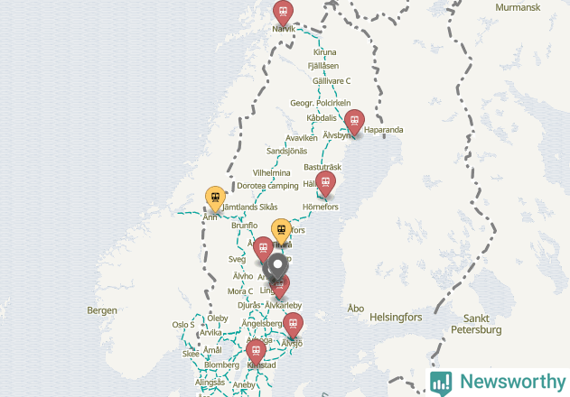 Karta över förseningar vid olika avgångsstationer.