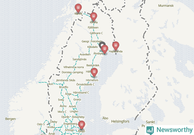 Karta över förseningar vid olika avgångsstationer. Här visas stationer med fler än fem avgångar under månaden.