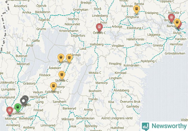 Karta över förseningar vid olika avgångsstationer.