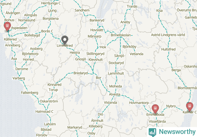 Karta över förseningar vid olika avgångsstationer. Här visas stationer med fler än fem avgångar under månaden.
