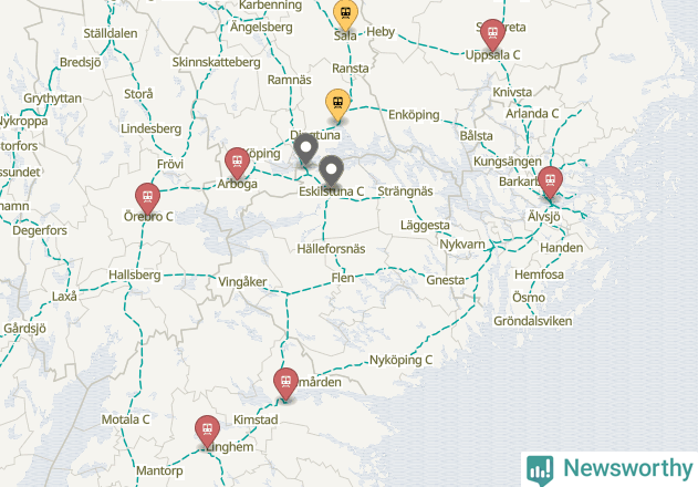 Karta över förseningar vid olika avgångsstationer.