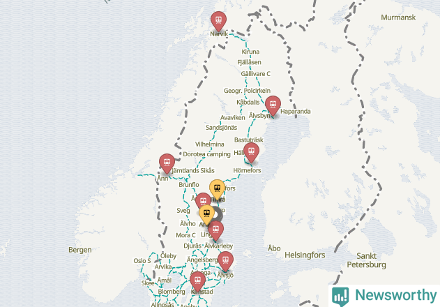 Karta över förseningar vid olika avgångsstationer. Här visas stationer med fler än fem avgångar under månaden.