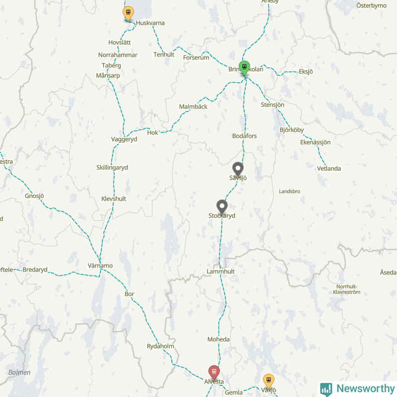Karta över förseningar vid olika avgångsstationer. Här visas stationer med fler än fem avgångar under månaden.