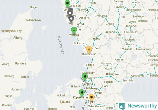 Karta över förseningar vid olika avgångsstationer.