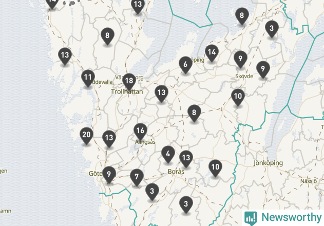 Karta över viltolyckor i Västra Götalands län