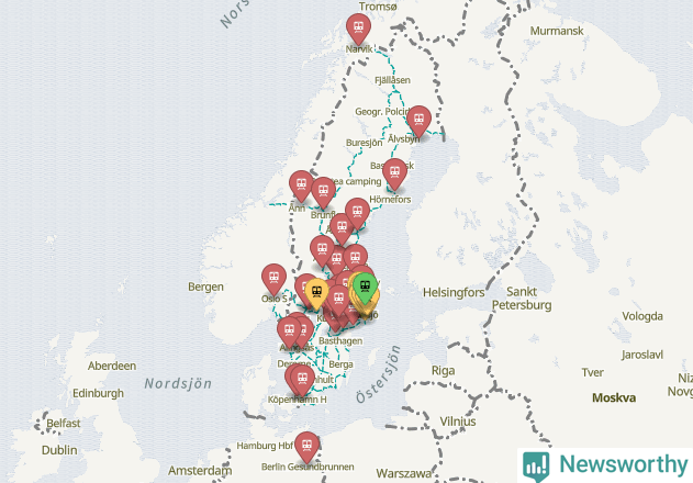 Karta över förseningar vid olika avgångsstationer. Här visas stationer med fler än fem avgångar under månaden.