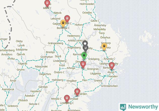 Karta över förseningar vid olika avgångsstationer.