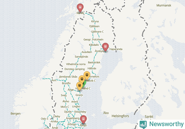 Karta över förseningar vid olika avgångsstationer. Här visas stationer med fler än fem avgångar under månaden.