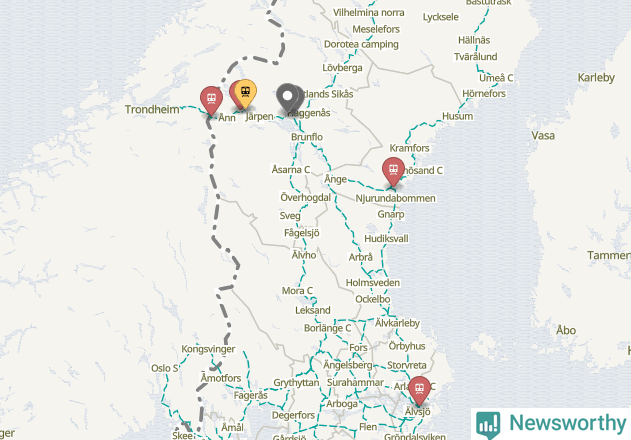 Karta över förseningar vid olika avgångsstationer.