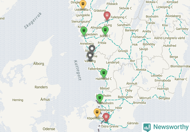 Karta över förseningar vid olika avgångsstationer.