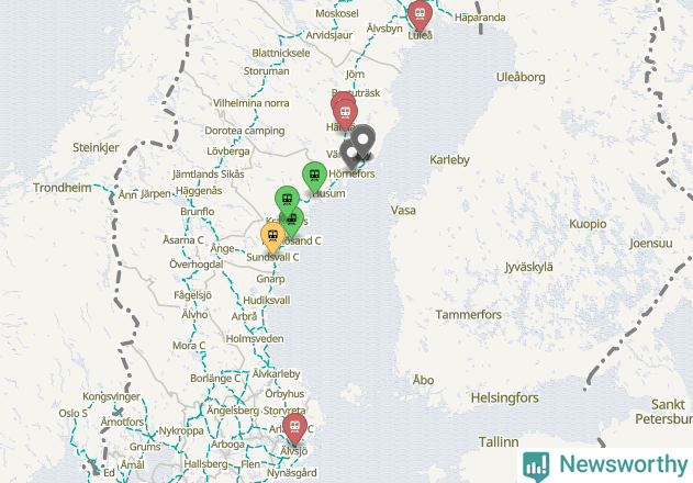 Karta över förseningar vid olika avgångsstationer.