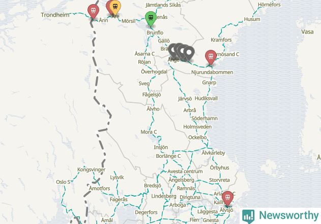 Karta över förseningar vid olika avgångsstationer.